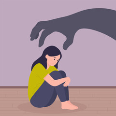 Fear and anxiety depressed woman sitting alone abuse shadow hand mental health violence concept. sad girl cartoon. domestic intimidation illustration