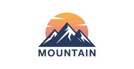 Stylized mountain logo with sharp peaks, snow highlights, and warm gradient sunrise background, ideal for outdoor, nature, and adventure branding 