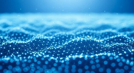 Abstract blue digital data wave and light dots background with copy space
