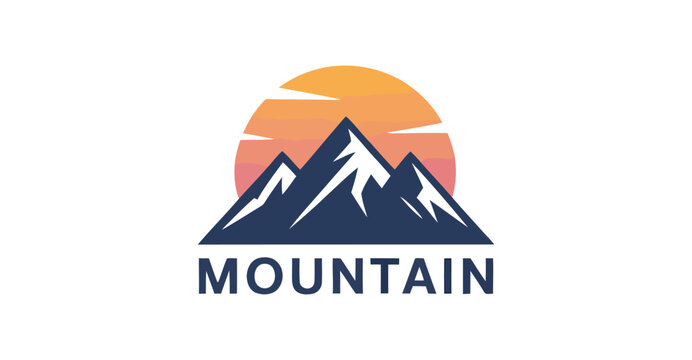 Stylized mountain logo with sharp peaks, snow highlights, and warm gradient sunrise background, ideal for outdoor, nature, and adventure branding 