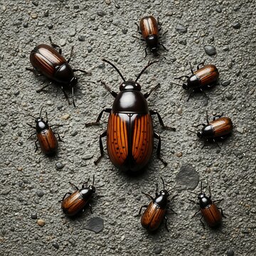 Group of cucujus clavipes beetles on a gray surface in a circular pattern