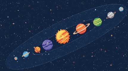 Pixel Art Solar System Planets in Orbit Space Background Design