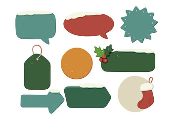 Christmas speech bubbles, winter sale tags, holiday labels set. Snowy graphic elements for promotion. Cute cartoon stickers with space for text. Xmas banner collection.