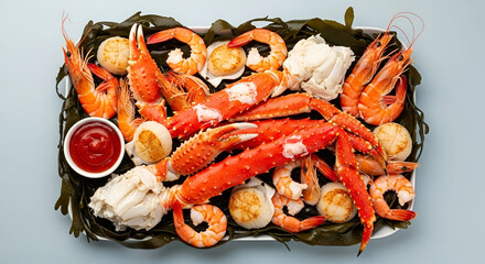 A colorful platter featuring a variety of cooked seafood, including crab legs, shrimp, and scallops, with a side of sauce.