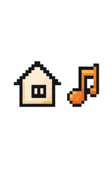 Fototapeta premium Pixel art icon set with a house and a music note. 8-bit retro video game assets. Home and sound symbols for gaming UI. Vector illustration isolated on white background.