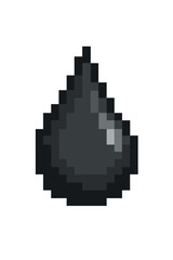 Fototapeta premium Pixel art oil drop icon for retro video games. 8-bit black liquid droplet symbol. Vector graphic of crude petrol or ink blob. Gaming asset sprite for an energy or pollution concept.