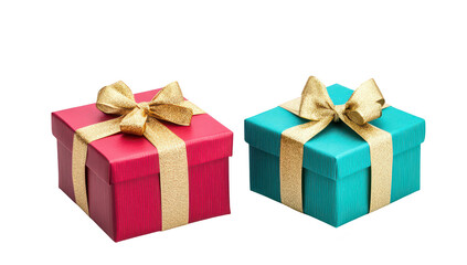 Obraz premium A scene featuring two beautifully wrapped gift boxes. one in red with a golden bow and the other in teal with a matching ribbon. set against a clean white background. ideal for holiday celebrations or