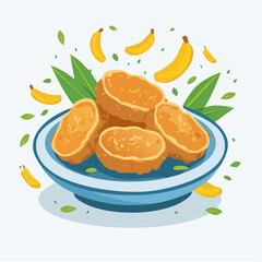 A plate of fried banana fritters is presented with floating bananas and green leaves, in a stylized, cartoonish illustration.