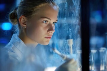 Focused young white woman scientist working with pipette in a blue lit research laboratory