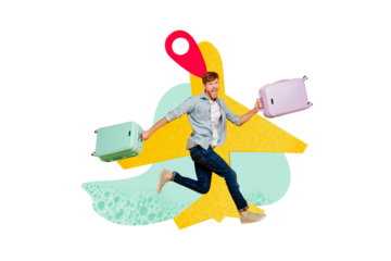 Composite photo collage of happy guy run hold suitcase late check in flight airport plane gps icon vacation isolated on painted background