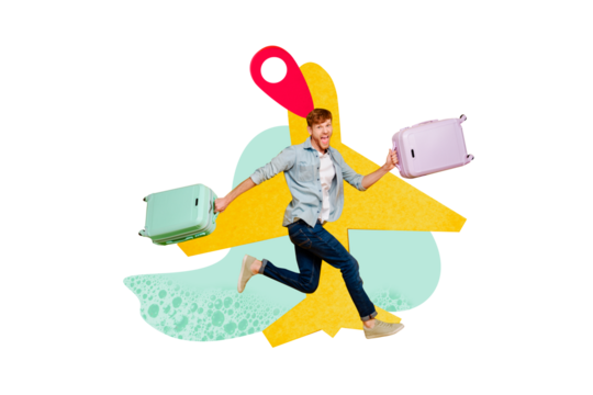 Composite photo collage of happy guy run hold suitcase late check in flight airport plane gps icon vacation isolated on painted background