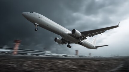 aerodynamics. An airplane taking off into a dramatic sky from an airport runway. mobility guides, transit brochures, designed for mobility and urban transit guides, clarifies navigation.