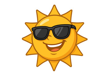 Cool sun mascot with sunglasses. Happy summer character smiling. Vector for vacation, travel, and sunny weather. Sunshine icon, bright face, positive emoji concept. Fun holiday.