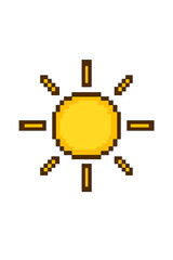 Pixel art sun icon for retro video games. 8-bit style sunshine symbol. Summer weather graphic element. Yellow cartoon sunbeam illustration. Isolated vector sprite asset.