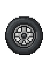 Pixel art wheel tire icon for retro video game. 8-bit car vehicle part sprite. Vector illustration of automobile tyre for racing game asset. Isolated cartoon automotive element.