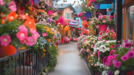 A vibrant flower festival street with fresh blooms decorating every corner and railing 
