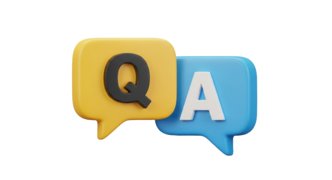 QA 3d icon. Letters Q and A in chat bubbles. Question and answer concept. FAQ, frequently asked questions, dialog concept. 3d illustration isolated on transparent background 