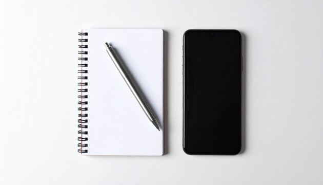 Overhead shot of a spiral notebook with a pen and a smartphone on a white surface. - Powered by Adobe