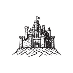 A sharp, detailed vector outline of a medieval castle on a hill