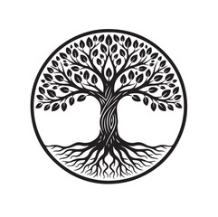A symmetrical, stylized 'Tree of Life' design with intertwining branches and roots