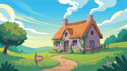 Quaint countryside cottage with thatched roof, apple tree, ivy walls, smoke chimneys, and “Home” sign in lush green rural landscape 