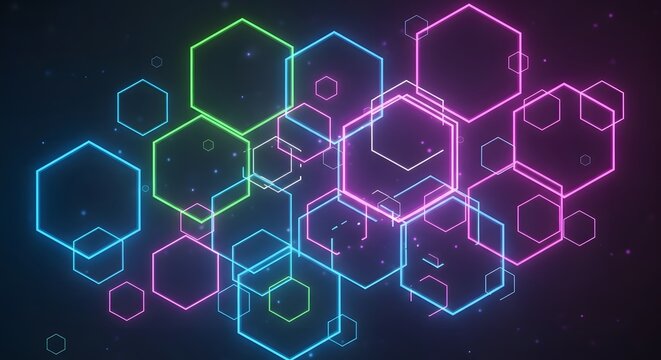 Abstract illustration of glowing neon hexagonal shapes in various vibrant colors, floating.