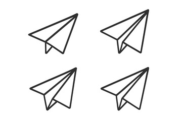 Paper plane icon set. Send message symbol for email, chat, or social media post. Origami airplane concept for travel, freedom, journey, and startup launch. Line art vector.