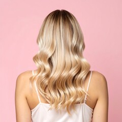 Blond woman's wavy hair against a pink background