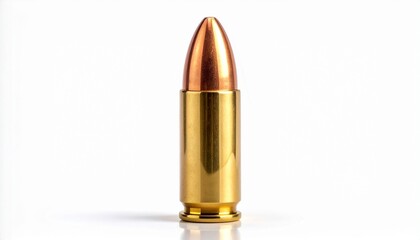 Single bullet cartridge upright on white background. Brass casing with copper tip suggests full metal jacket round, highlighting firearm ammunition design and ballistic application.