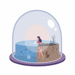 Girl playing with a duck in water inside a glass dome  