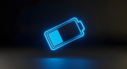 Illuminated blue battery icon displaying low charge against a dark, reflective background.