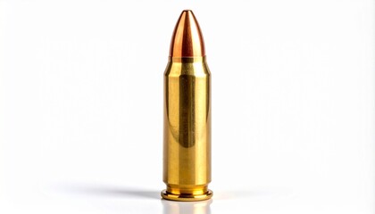 Single bullet cartridge upright on white background. Brass casing with copper tip suggests full metal jacket round, highlighting firearm ammunition design and ballistic application.