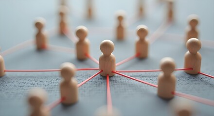 Obraz premium Wooden figures connected by red threads symbolizing network and community.