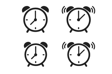 Alarm clock icon set. Simple flat vector illustration. Wake up, morning time, and deadline concept. Ringing and silent clock symbols for web, apps, and graphic design.