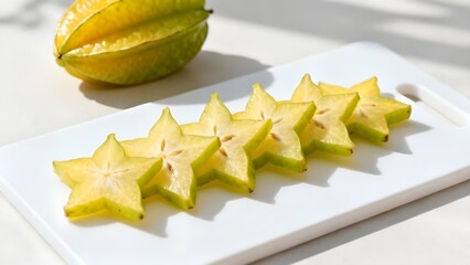 Fototapeta premium Freshly sliced star fruit displayed on a white cutting board next to a whole carambola, highlighting its vibrant color.