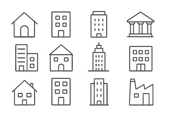 Fototapeta premium Building line icon set. Collection of house, office, bank, factory symbols. Real estate & architecture pictograms. Editable stroke vector for web, app, UI design. Urban outline.