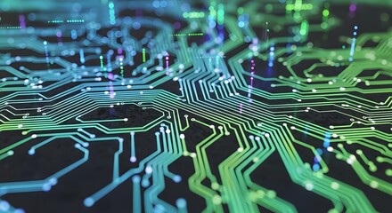 Close-up view of a detailed circuit board with intricate pathways and components, displaying a complex technological design.