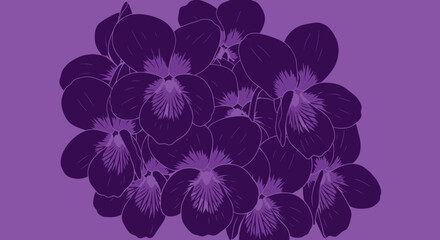 Deep purple pansies, stylized with clean lines, filling the view on matching purple background