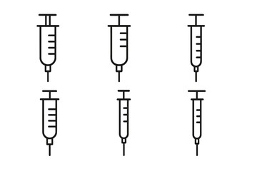 Syringe injection vaccine icon set. Medical line art. Health care concept. Vaccination, immunization, dose, shot. Medicine treatment. Drug, botox, beauty injection vector.