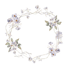 Ethereal Watercolor Floral Wreath, Delicate Light Purple and Olive Green Botanical Frame, Hand Painted Branch Circle for Logo Design and Fine Art Prints