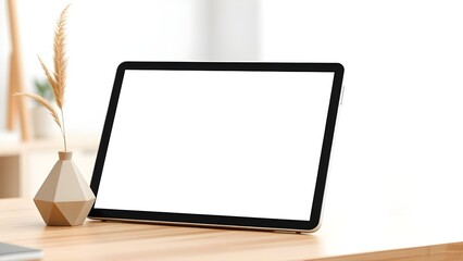 Fototapeta premium Modern workspace with a blank tablet screen mockup on a wooden desk.