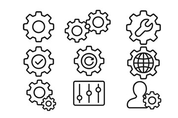 Gears and settings line icon set. Concept of mechanism, process, configuration, options. Vector cogwheel icons for app, ui, ux. Editable stroke. Control panel, user profile.