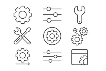 Settings line icon set. Gear mechanism, configuration options, and system setup vector icons. Tools for repair, maintenance, and development. Editable stroke for web and app UI.