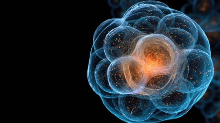 a microscopic representation of a virus or bacteria, shown in a spherical form with intricate internal structures