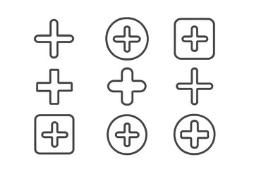 Fototapeta premium Plus sign line icon set. Add, more, positive, expand outline symbols. Vector icon pack for graphic and web design, apps, UI, UX. Cross shape, zoom in, plus button collection.