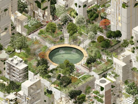 Architectural rendering of a verdant urban oasis with buildings. A central circular pool amid greenery