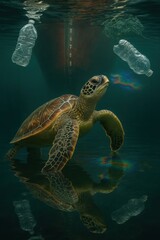 Fototapeta premium Sea turtle swimming beneath polluted harbor water with floating plastic bottles
