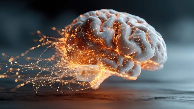 an artistic rendering of a human brain with glowing orange sparks emanating from it against a dark background
