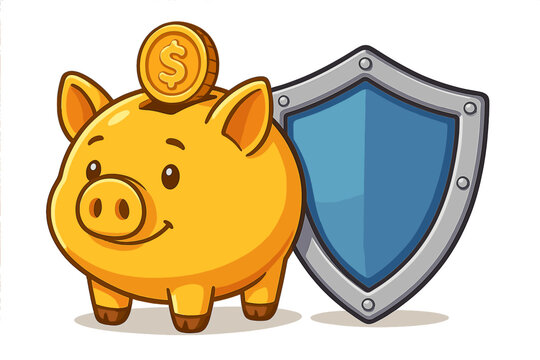 Cartoon piggy bank with coin and protective shield, financial security, savings protection, safety, wealth insurance, investment risk management, banking, isolated vector illustration
