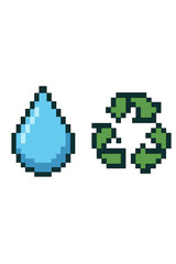 Pixel art water drop and recycle symbol icon set. 8-bit retro gaming style vector illustration for ecology, conservation, and environment concepts. Save water, reduce, reuse.